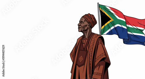 South African elder in traditional attire stands proudly beside the national flag, vector illustration celebrating heritage and patriotism.