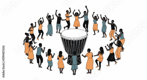 African drum celebration vector illustration with people dancing in circle around large djembe drum. Festive cultural gathering with rhythmic movement and joyful expression.