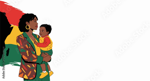 African American mother holding child, vibrant colors, cultural pride vector. Motherhood celebration, family bond, heritage illustration. Black history month concept, community support vector.