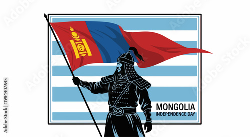 Mongolian warrior holding national flag celebrating Independence Day with traditional attire and proud stance. Mongolian Independence Day celebration concept for national pride and heritage.
