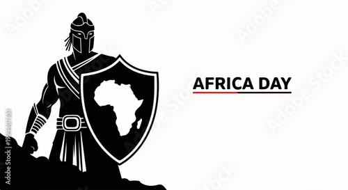 Africa Day vector illustration of warrior with shield displaying continent map. Africa Day celebration graphic with strong protector symbol. Africa Day concept for patriotic design and awareness.