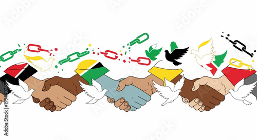 Vector illustration of diverse hands shaking in unity, symbolizing global cooperation and peace, with doves and broken chains. International handshake concept for diplomacy and partnership.
