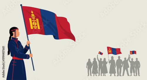 Mongolian flag held by woman in traditional clothing, national pride celebration with crowd silhouette. Mongolian flag waving proudly, symbol of freedom and heritage.