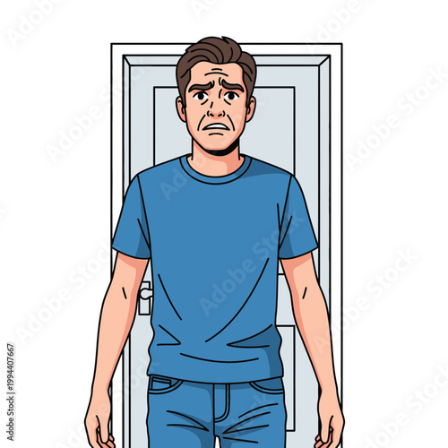 Man standing in front of a door with a worried expression.