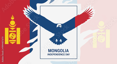 Mongolia Independence Day celebration with national flag and soaring eagle emblem. Mongolia Independence Day concept for patriotic events and national pride.