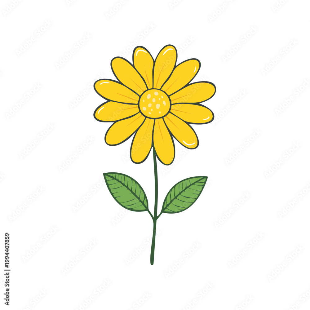 Fototapeta premium Vibrant yellow daisy flower with green stem and leaves cartoon illustration