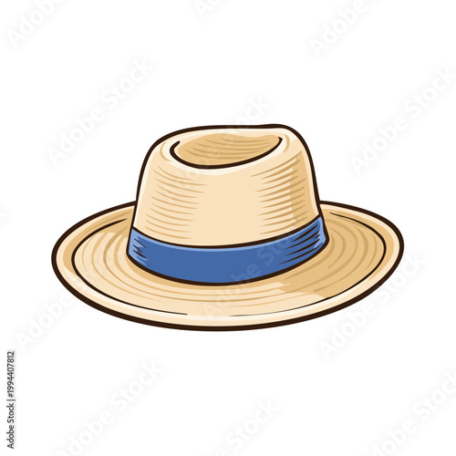 Classic Panama Hat with Blue Ribbon Hand Drawn Illustration