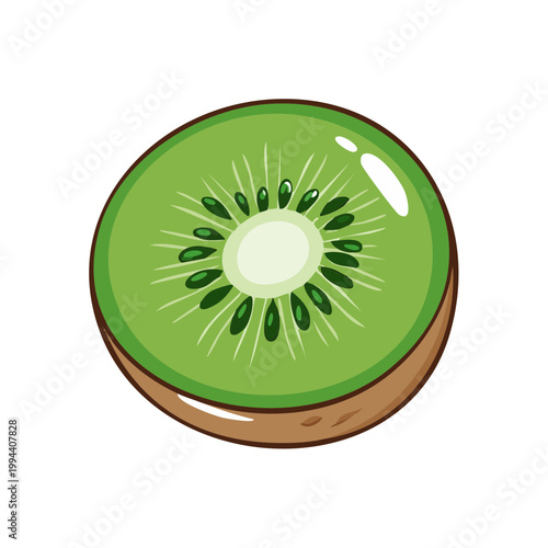 Juicy Slice of Green Kiwi Fruit with Black Seeds and White Center