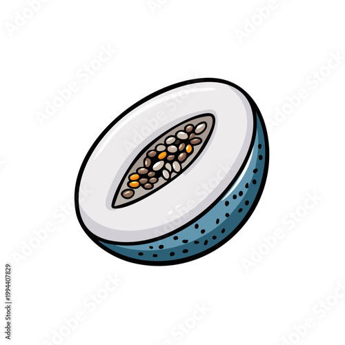 Stylized Illustration of a Halved Exotic Fruit with Seeds and Blue Textured Skin