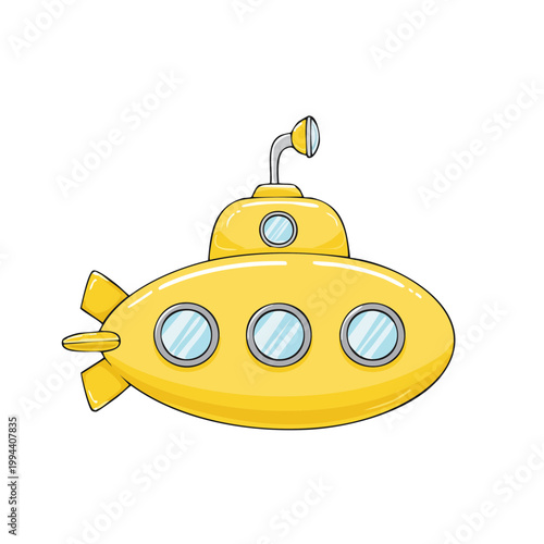 Bright yellow cartoon submarine with round windows floating on the water