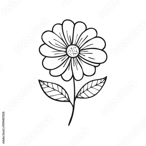 Simple Hand Drawn Outline Daisy Flower with Leaves and Stem