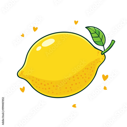Vibrant cartoon lemon with a green leaf and small yellow hearts surrounding it