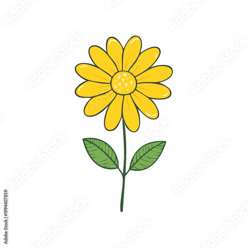 Vibrant yellow daisy flower with green stem and leaves cartoon illustration
