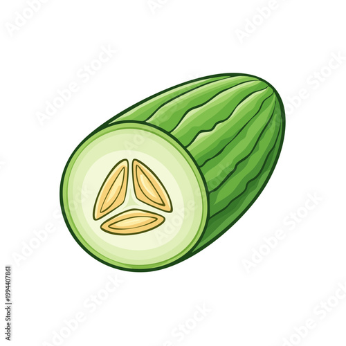 Fresh green cucumber cut in half showing seeds and healthy texture isolated on white background