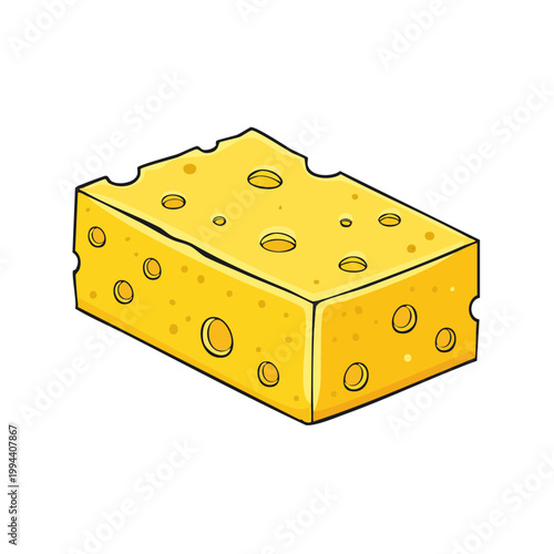 Yellow swiss cheese block with characteristic round holes, isolated on a white background, a simple food illustration.
