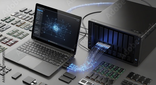 Modern Data Storage System with Network Connectivity and Server Hardware.