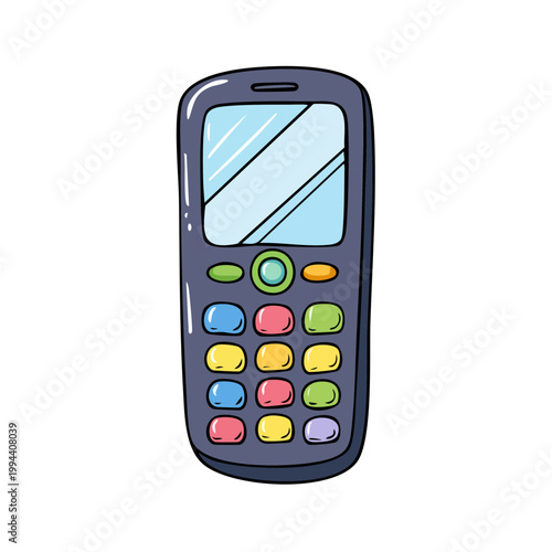 Cute Cartoon Old School Mobile Phone with Colorful Buttons and Reflective Screen