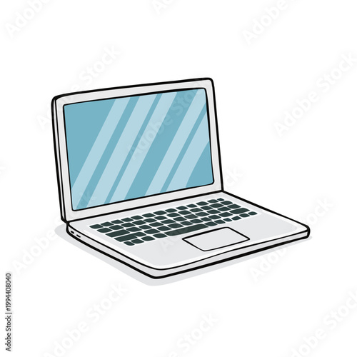 Hand-drawn illustration of an open modern laptop with a blank blue screen and keyboard