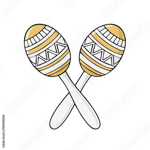 Hand drawn illustration of two crossed maracas with decorative patterns and white handles
