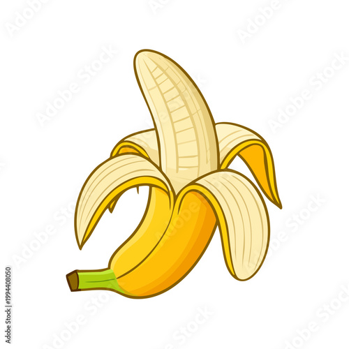 Bright yellow partially peeled banana cartoon illustration isolated on white