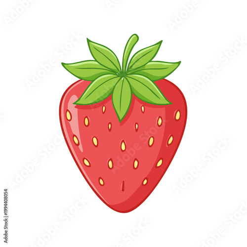 Vibrant cartoon strawberry with green leaves and seed details