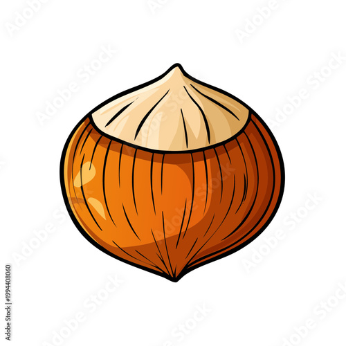 Isolated stylized illustration of a single hazelnut with a partially removed shell in warm brown and cream tones