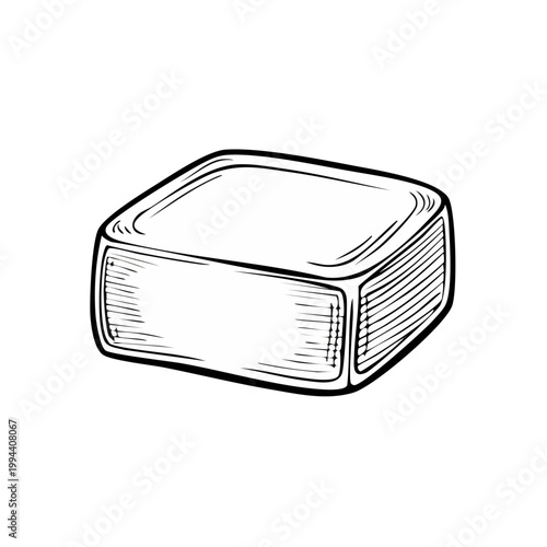 Hand drawn illustration of a simple square bar of soap in sketch style