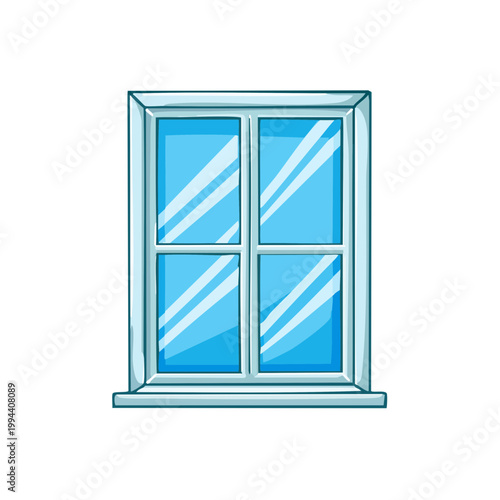 Cartoon window with reflective blue glass and white frame