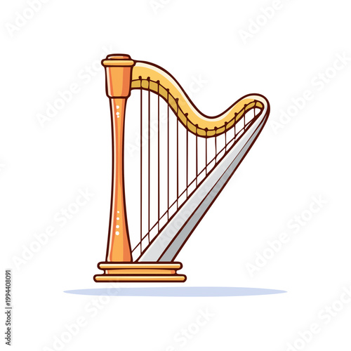 Stylized illustration of a golden harp with silver accents and many strings