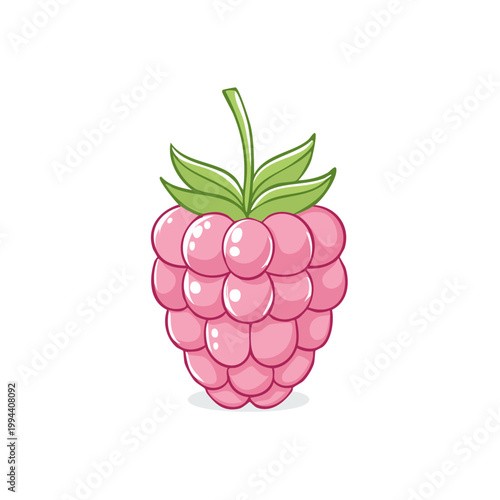 Cute Pink Raspberry Fruit Icon with Green Leaves and Stem Vector Illustration