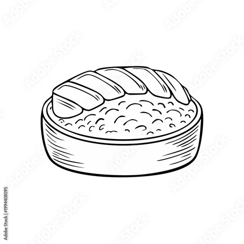 Hand-drawn illustration of a bowl of rice with toppings, minimalist line art