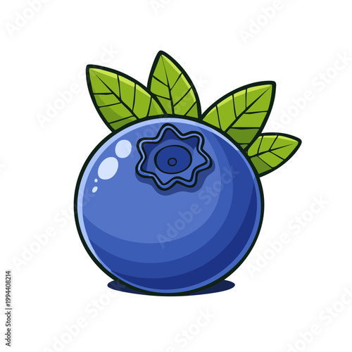 Vibrant cartoon illustration of a single ripe blueberry with fresh green leaves