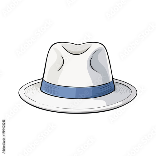 Classic white fedora hat with a blue ribbon band illustration fashion accessory
