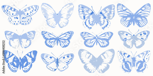 A collection of delicate blue butterflies in various poses and patterns