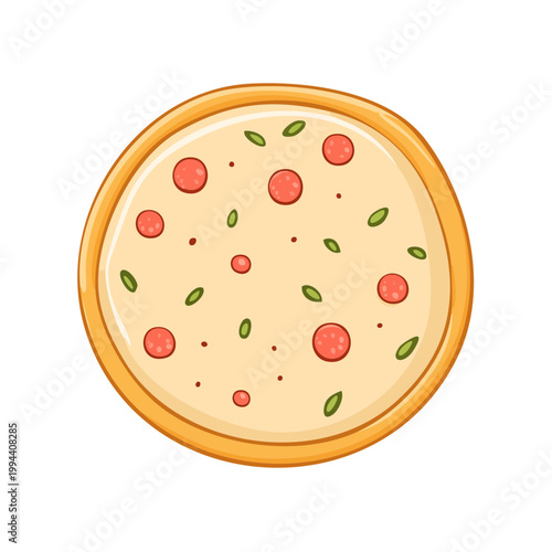 Round pizza with cheese pepperoni and green herbs illustration food drawing overhead view
