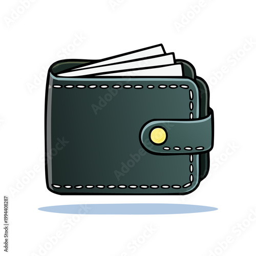 Classic dark green leather wallet with white pages peeking out, secured with a button snap.