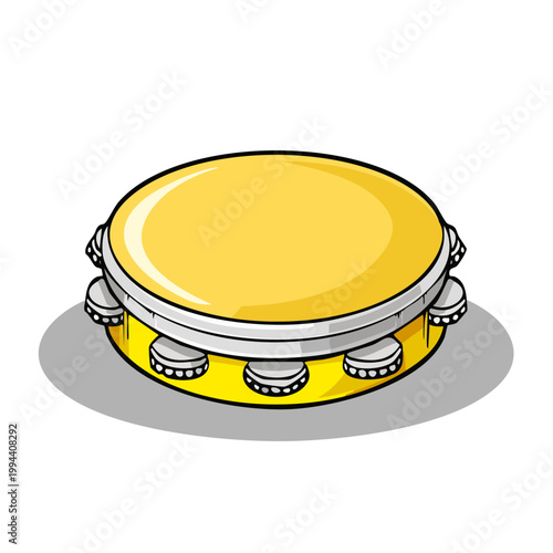 Vibrant yellow hand held tambourine percussion instrument with metal jingles casting shadow