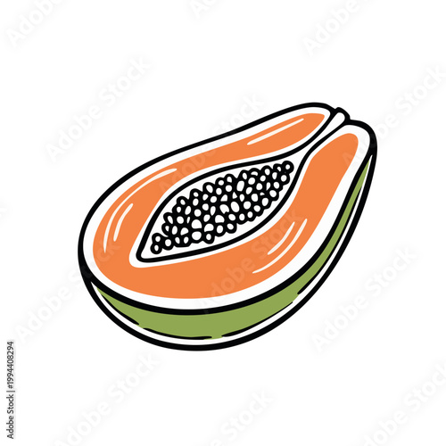 Hand drawn illustration of a halved papaya fruit with vibrant orange flesh and black seeds