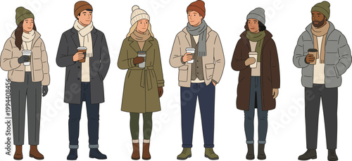 Diverse Group of People Wearing Warm Winter Clothes and Holding Coffee Cups Vector Illustration Flat Design