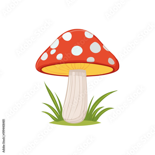Cartoon red mushroom with white spots and green grass illustration
