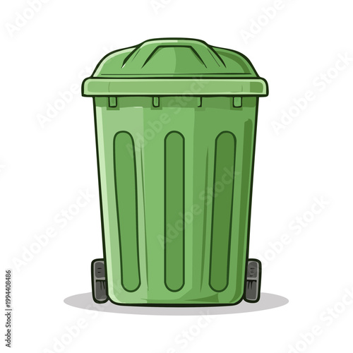 Bright green rolling trash bin with a closed lid and wheels isolated on white