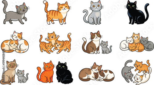 Cute Cartoon Cats and Kittens Vector Illustration Set with Various Breeds Colors and Playful Poses