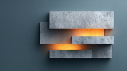 Abstract wall art featuring modern gray concrete shapes with warm orange glow on a textured blue background for contemporary interior design