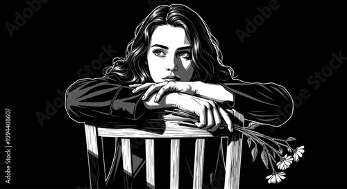 Melancholic young woman sitting on a chair with a bouquet: Design for emotional book covers, psychological blog illustrations, or dramatic poster art. Transparent background EPS version.