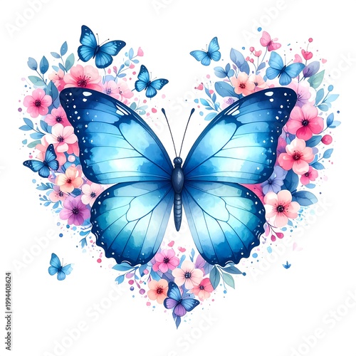 Blue butterflies and flowers heart shape.