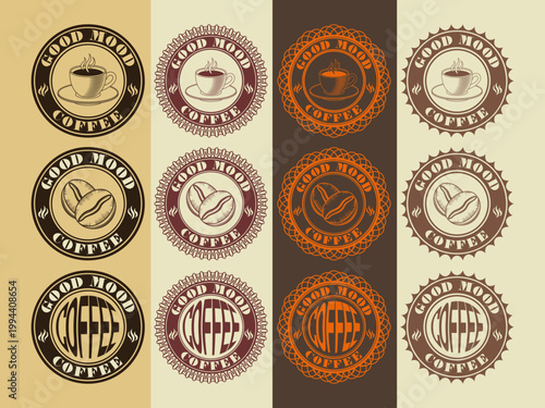 Vector set of color round seals, stickers or badges. Coffee beans, engraving cup and good mood. Collection icons or decals. Sip of pleasure