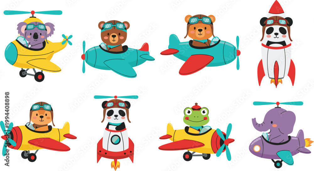 Obraz premium Cute Animal Pilots Collection with Cartoon Characters Flying Airplane Helicopter and Rocket Including Bear Dog Frog Elephant and Koala Vector Illustration Set.