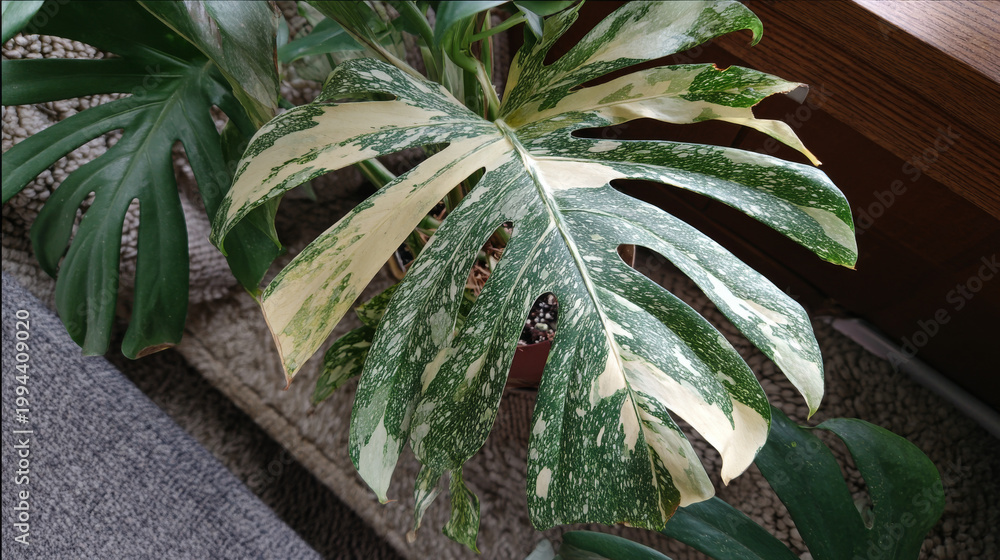 Obraz premium Full grown Monstera Thai constellation plant with variegated leaf
