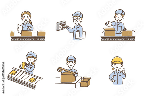 工場作業員・製造業のイラストセット（生産ライン・検品・品質管理・業務作業） / Factory Workers Illustration Set (Manufacturing, Production Line, Quality Control, Industrial Workers)