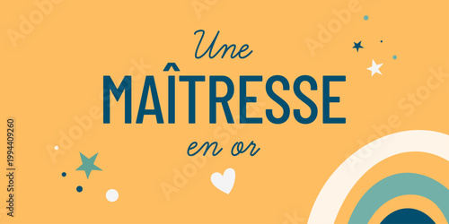 Carte de remerciement pour maîtresse avec message “Une maîtresse en or”, design minimaliste avec arc-en-ciel et éléments décoratifs. Idéal pour fin d’année scolaire et cadeau enfant.